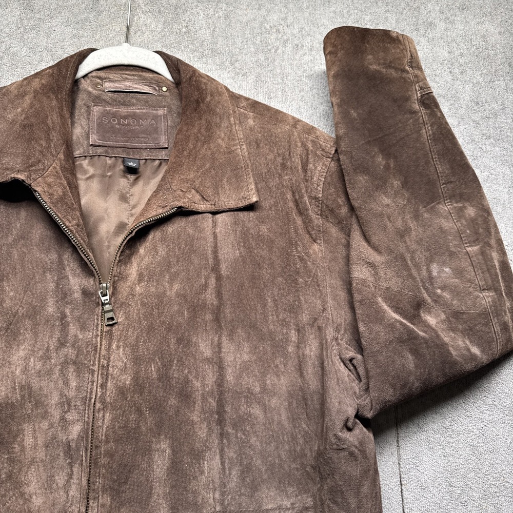 Mens Brown Leather Jacket Zip Front Casual Classic Outerwear Size Large